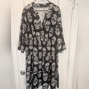 Curve 3XL Skull Print Tiered Dress Black Gothic Boho Casual - SHEIN